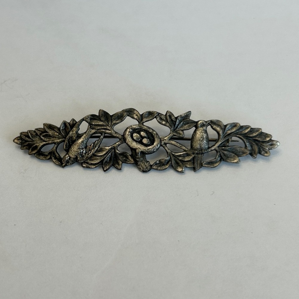 Vintage Silver Tone Bird Nest Leafy Branch Bar Brooch Pin Nature Jewelry